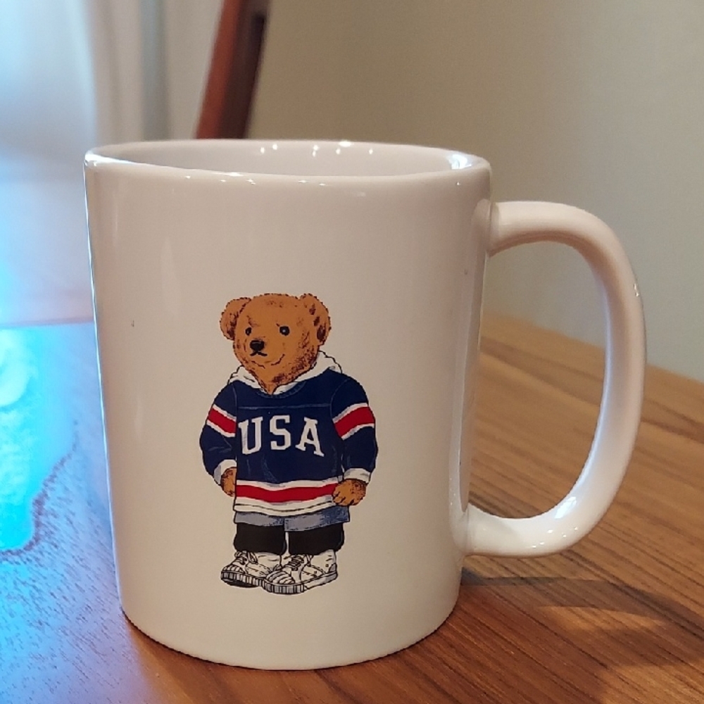 Ralph Lauren White Mug with USA Bear Design